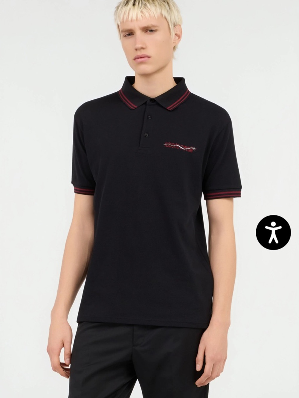 Roberto Cavalli Black Polo with Red stripeTrim Size XL PTP 23” NWT / COA
